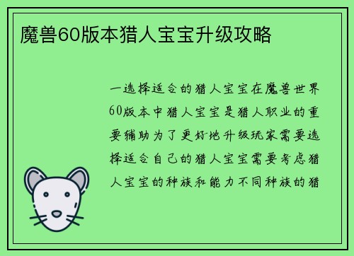 魔兽60版本猎人宝宝升级攻略